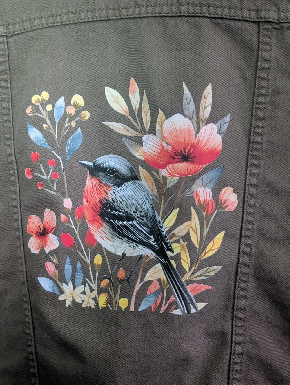 Upcycled Jean Jacket | Old Navy | Women's L | Bird & Wildflower Nature Art - Picture 10 of 12